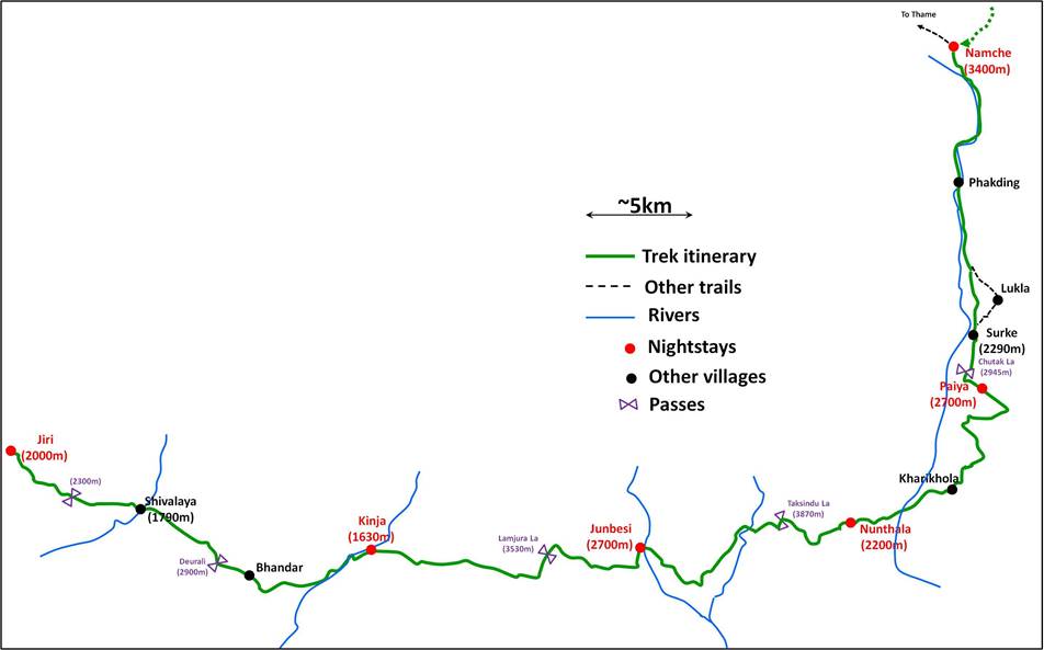 Map of Route from Jiri to Namche Bazaar