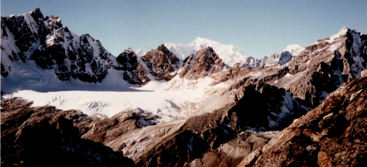 Peaks above Gokyo Lake and Renjo La after snowstorm