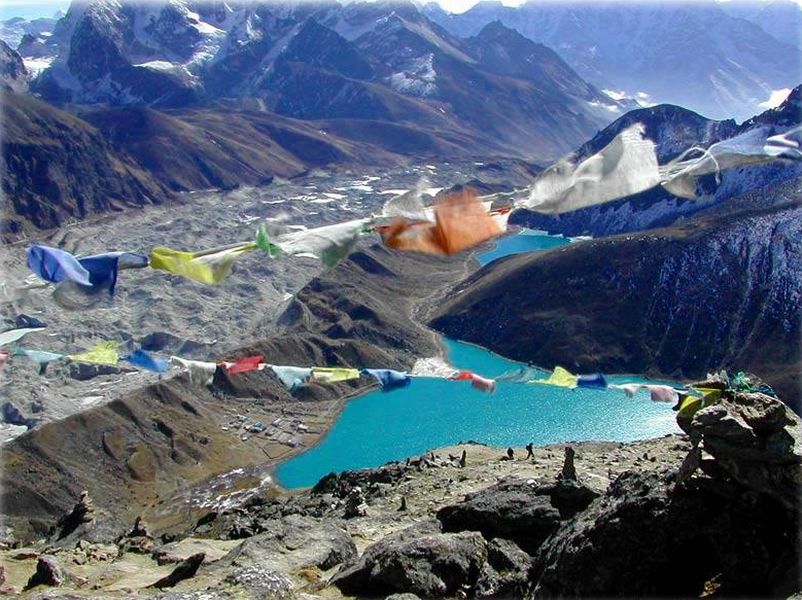 Ngozumpa Glacier and Gokyo Village and Lake from Gokyo Ri