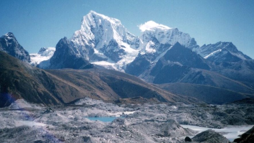 Cholatse and Taboche across Ngozumpa Glacier from Gokyo Ri