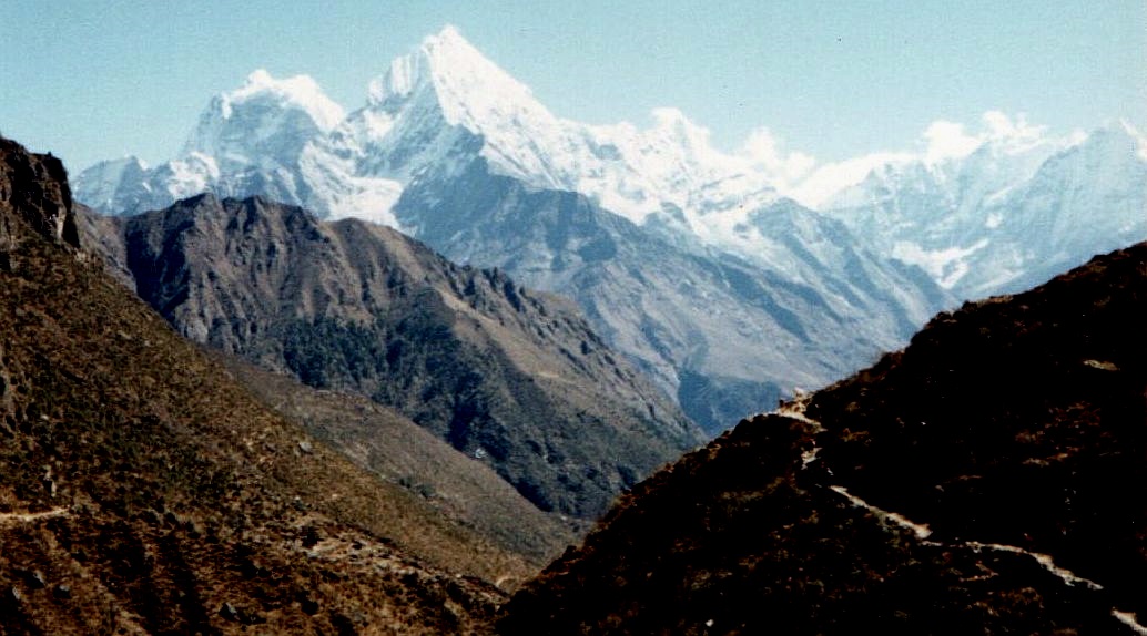 Mount Kang Taiga and Thamserku on descent from Thame Village