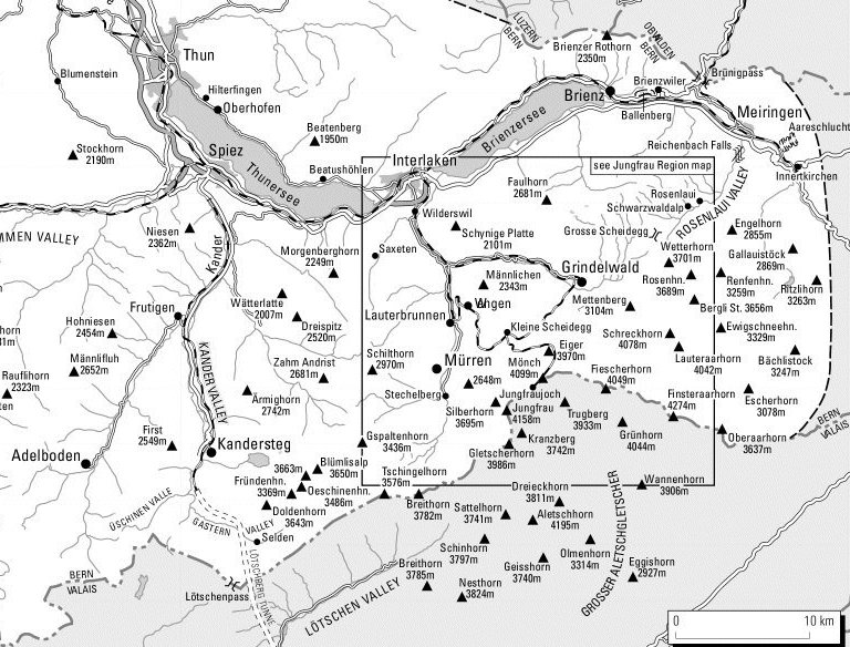 Location map of the Breithorn above the Lauterbrunnen Valley in the Bernese Oberlands of the Swiss Alps