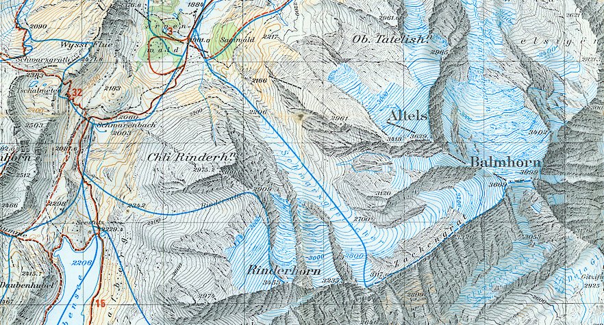 Map with access route of Rinderhorn from Schwarenbach Hut in the Bernese Oberlands of Switzerland