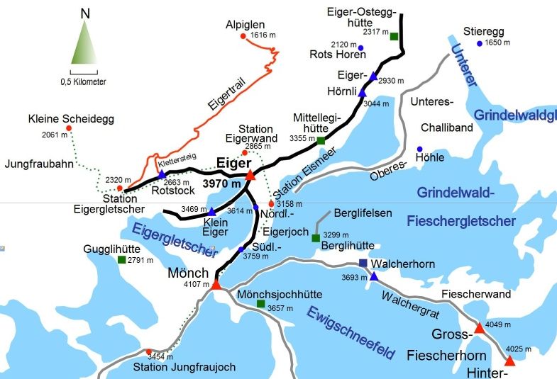 Map of Eigerand Monch Region of the Bernese Oberlands