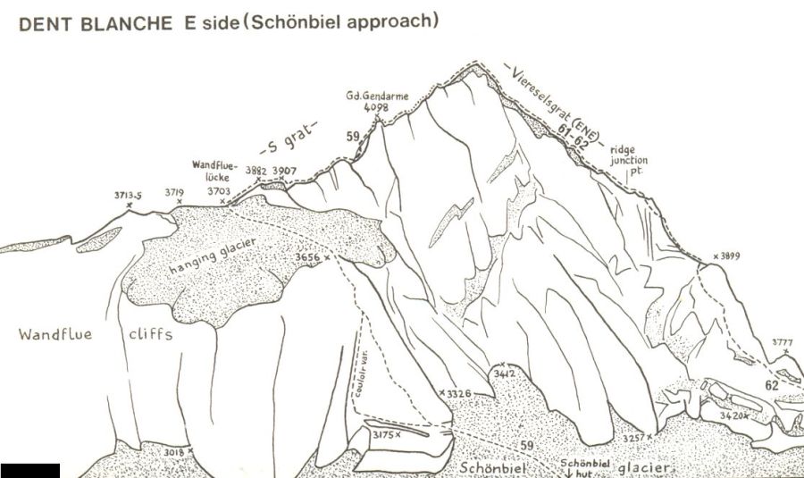 Ascent Routes on East Side of Dent Blanche, 4357m in the Zermatt Region of the Swiss Alps