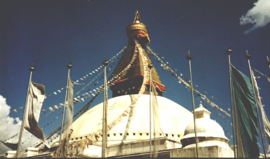 Prayer Flags on Buddhist Stupa at Bodnath ( Baudhanath ) in Kathmandu