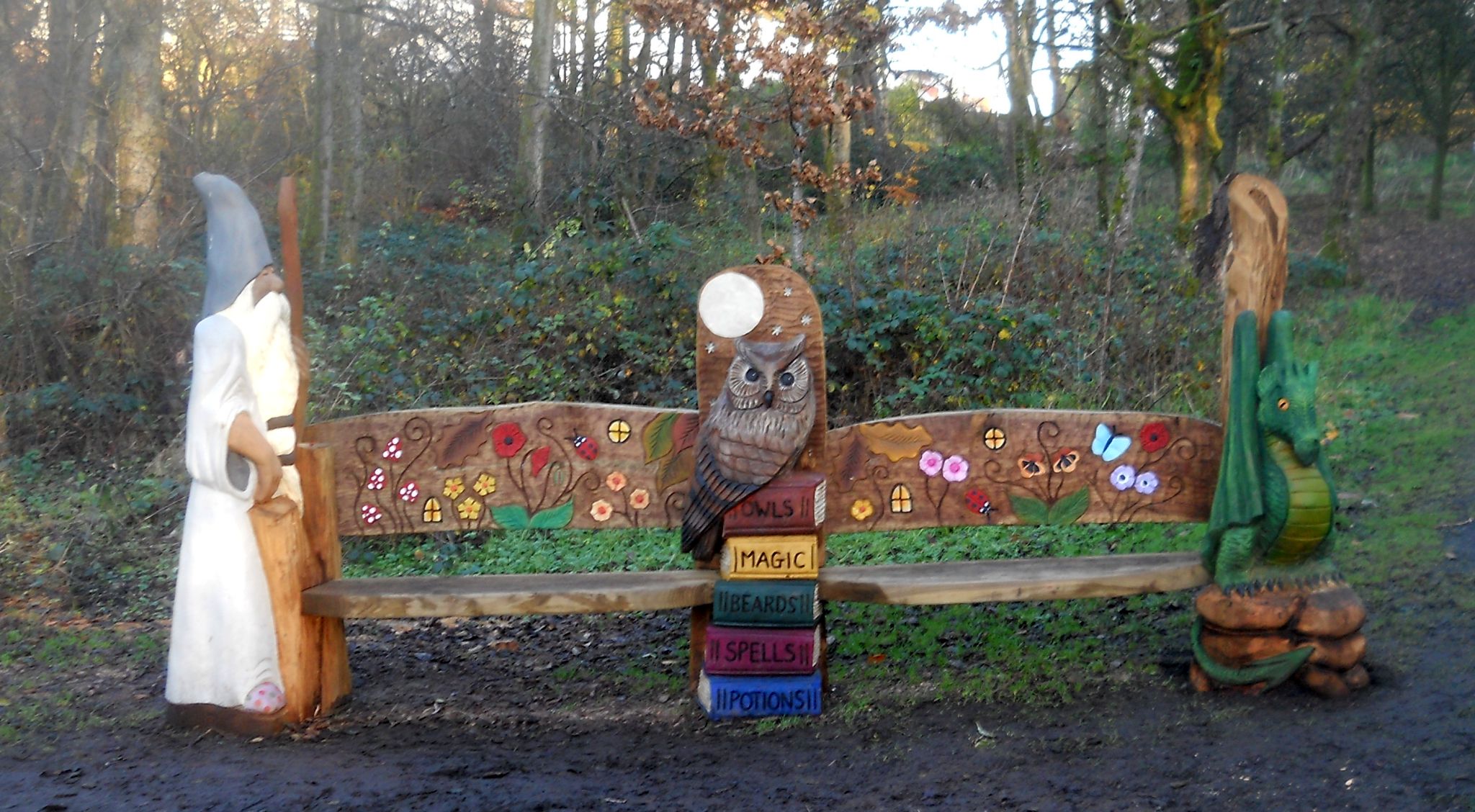 Carved Beech Log Bench at Kilmardinny Loch in Bearsden