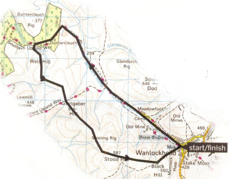 Map and Route Description for Wanlockhead Walk in the Southern Uplands