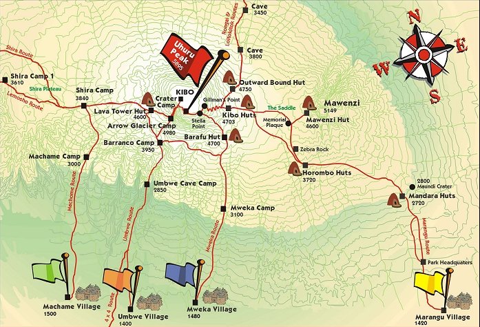 Mount Kilimanjaro ascent routes map